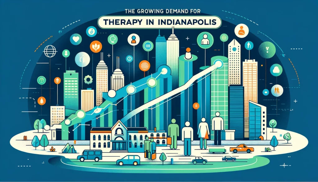 Infographic of rising therapy demand in Indianapolis with trend graph and cityscape.
