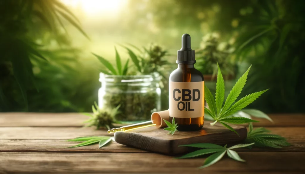 Dropper of CBD oil and a bottle labeled 'CBD Oil' with hemp leaves on a wooden table in a natural setting.